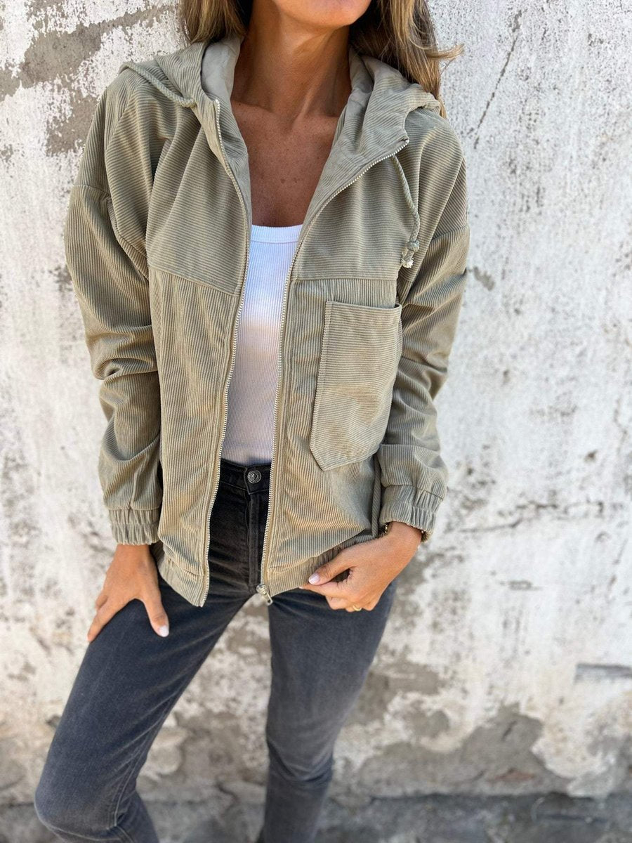 Women's Corduroy Hooded Jacket - Oversized Quilted Zip-Up | Spring - Green