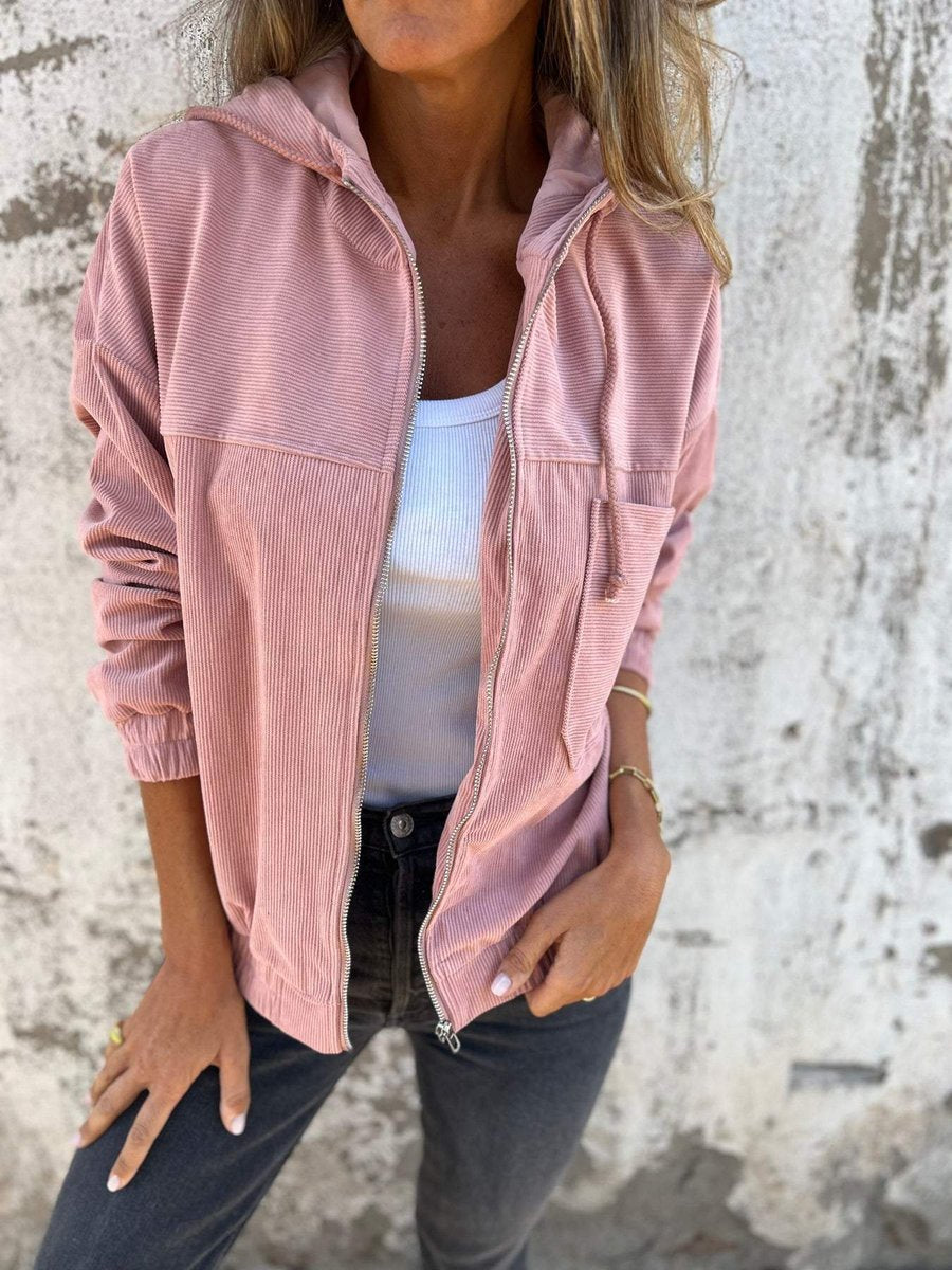Women's Corduroy Hooded Jacket - Oversized Quilted Zip-Up | Spring - Pink