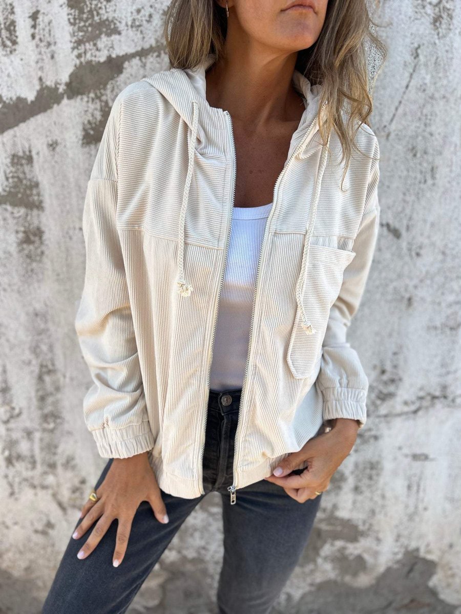 Women's Corduroy Hooded Jacket - Oversized Quilted Zip-Up | Spring - White