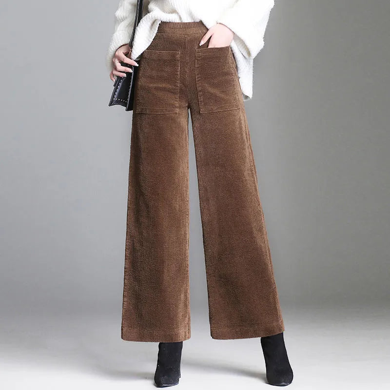 Women's Corduroy Pants | Wide Leg | Soft Ribbed Fabric | Winter - Brown