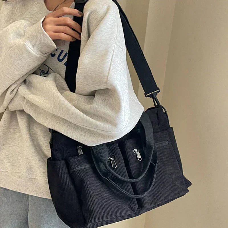 Women's Corduroy Tote Bag with Multi-Pocket Organization