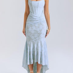 Women's Corset Jacquard Lace Mermaid Midi Dress - Formal Wedding - Blue