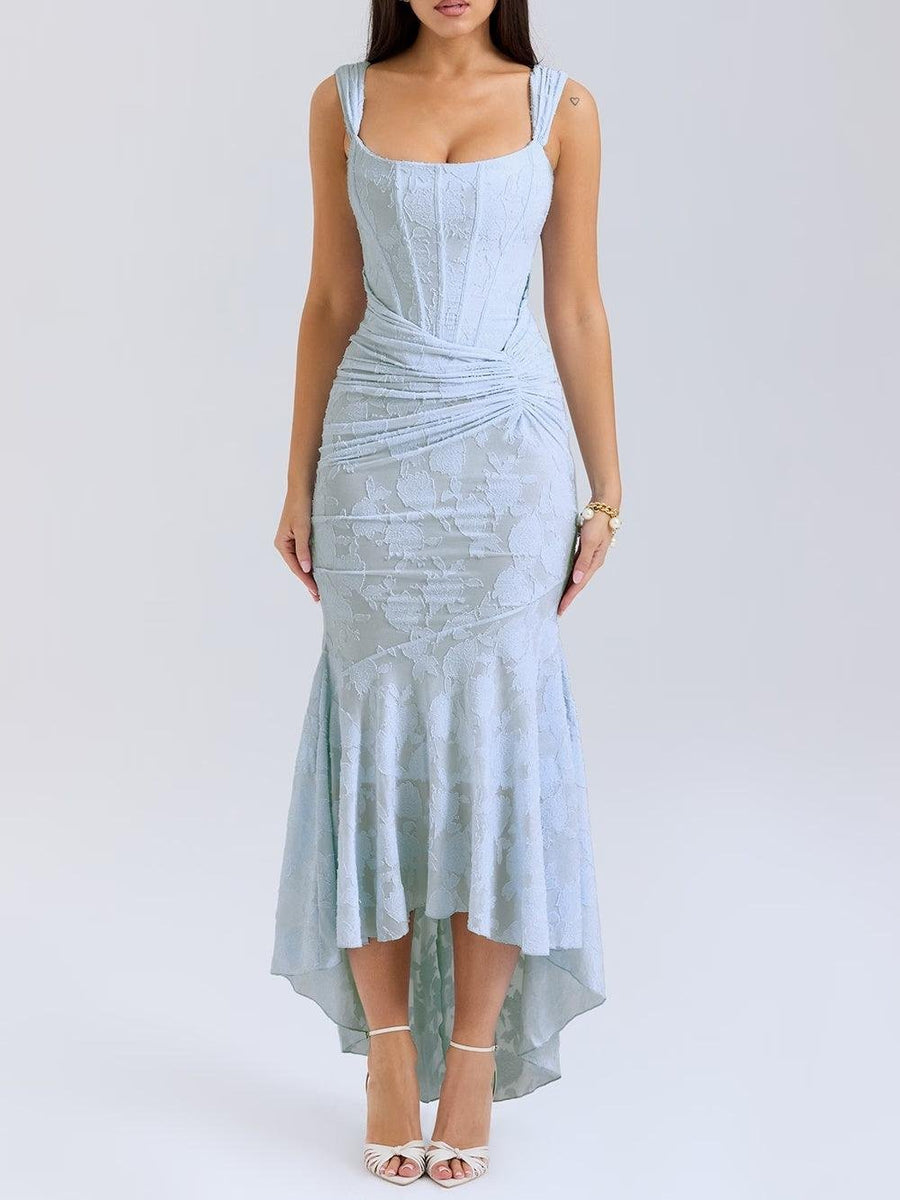 Women's Corset Jacquard Lace Mermaid Midi Dress - Formal Wedding - Blue