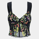 Women's Corset Top | Floral Embroidery & Mesh | Romantic | Spring - Black