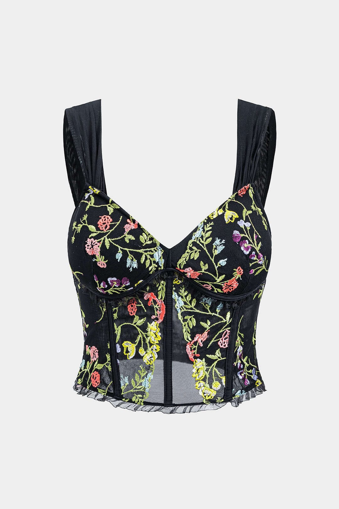 Women's Corset Top | Floral Embroidery & Mesh | Romantic | Spring - Black