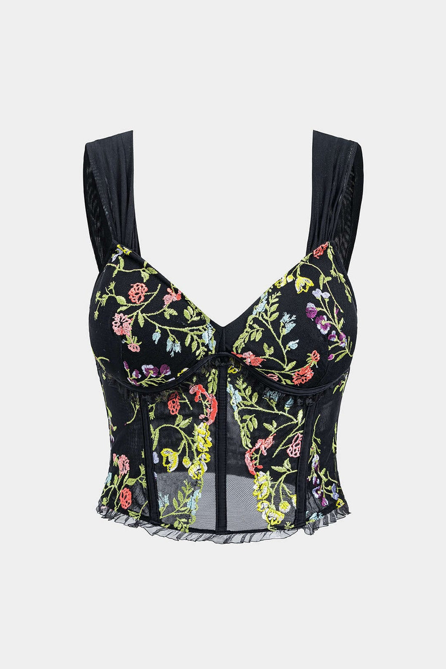 Women's Corset Top | Floral Embroidery & Mesh | Romantic | Spring - Black