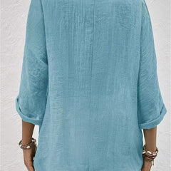 Women's Cotton V-Neck Button-Front Blouse - Three-Quarter Sleeve