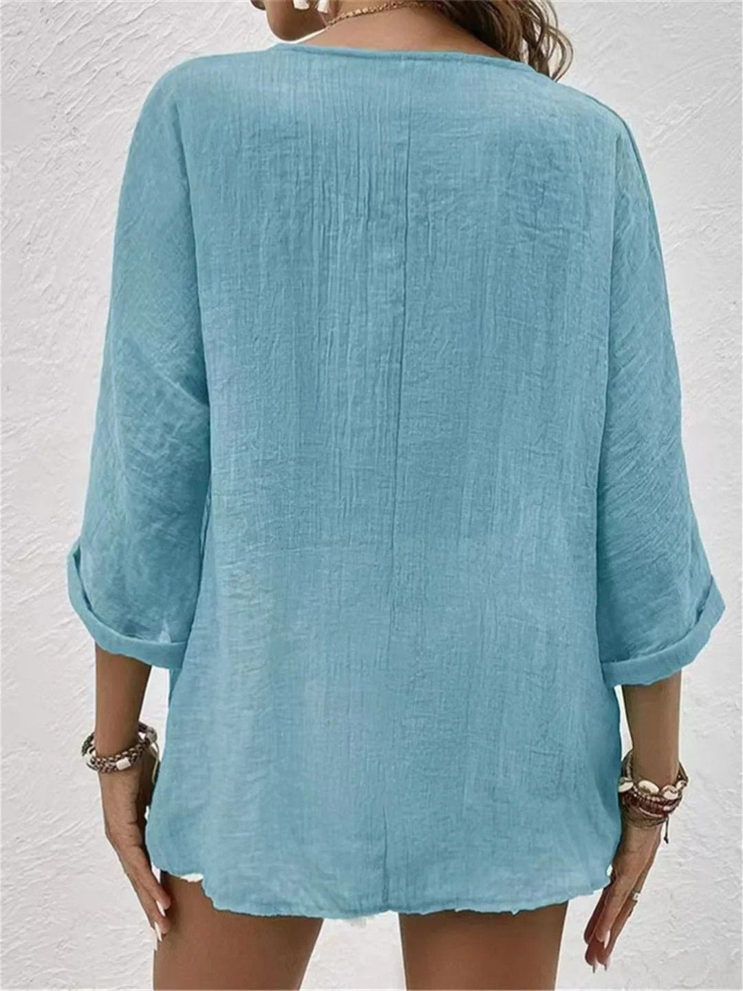 Women's Cotton V-Neck Button-Front Blouse - Three-Quarter Sleeve