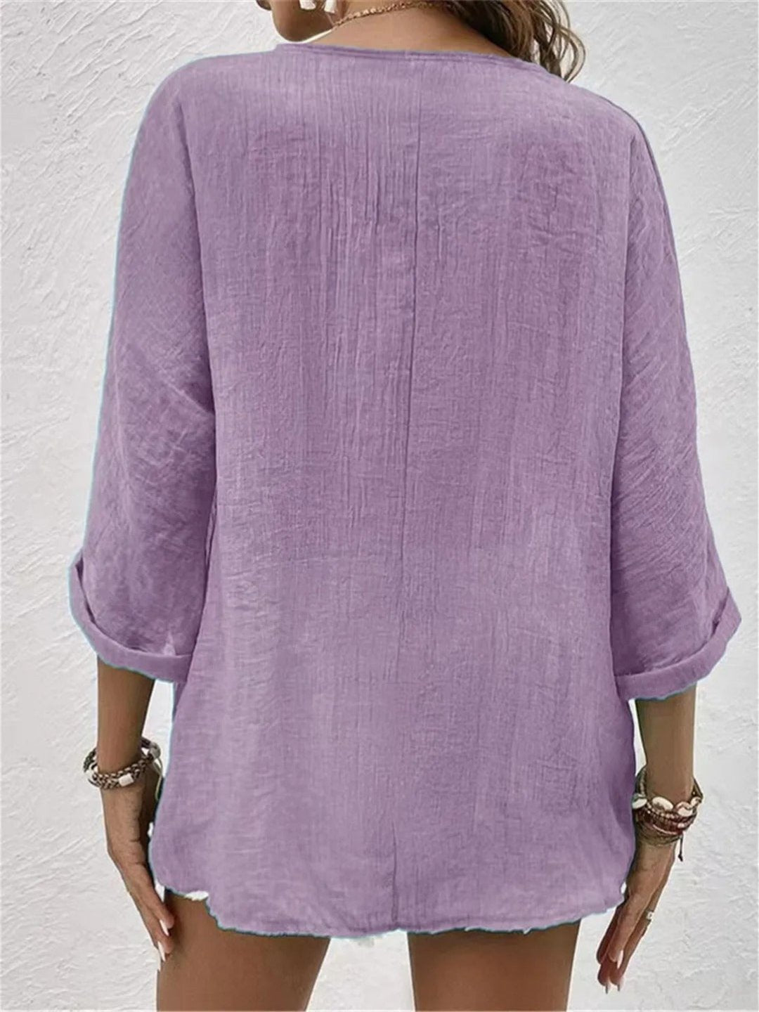 Women's Cotton V-Neck Button-Front Blouse - Three-Quarter Sleeve