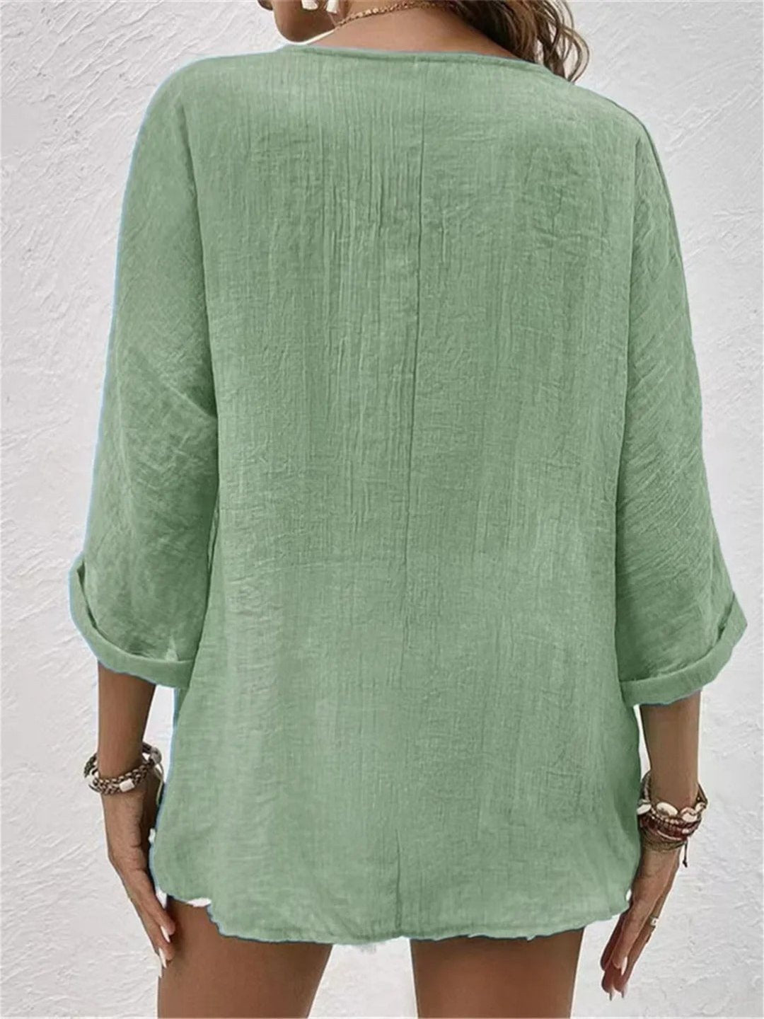 Women's Cotton V-Neck Button-Front Blouse - Three-Quarter Sleeve