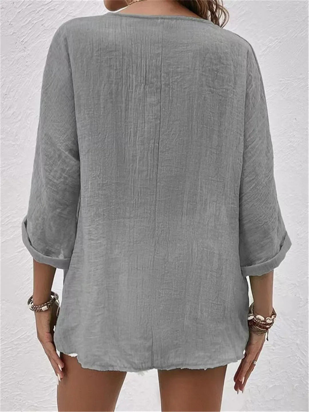 Women's Cotton V-Neck Button-Front Blouse - Three-Quarter Sleeve