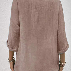 Women's Cotton V-Neck Button-Front Blouse - Three-Quarter Sleeve