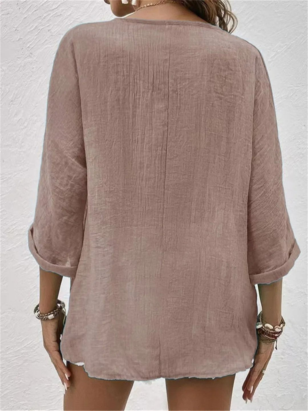 Women's Cotton V-Neck Button-Front Blouse - Three-Quarter Sleeve