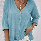 Women's Cotton V-Neck Button-Front Blouse - Three-Quarter Sleeve - Light Blue