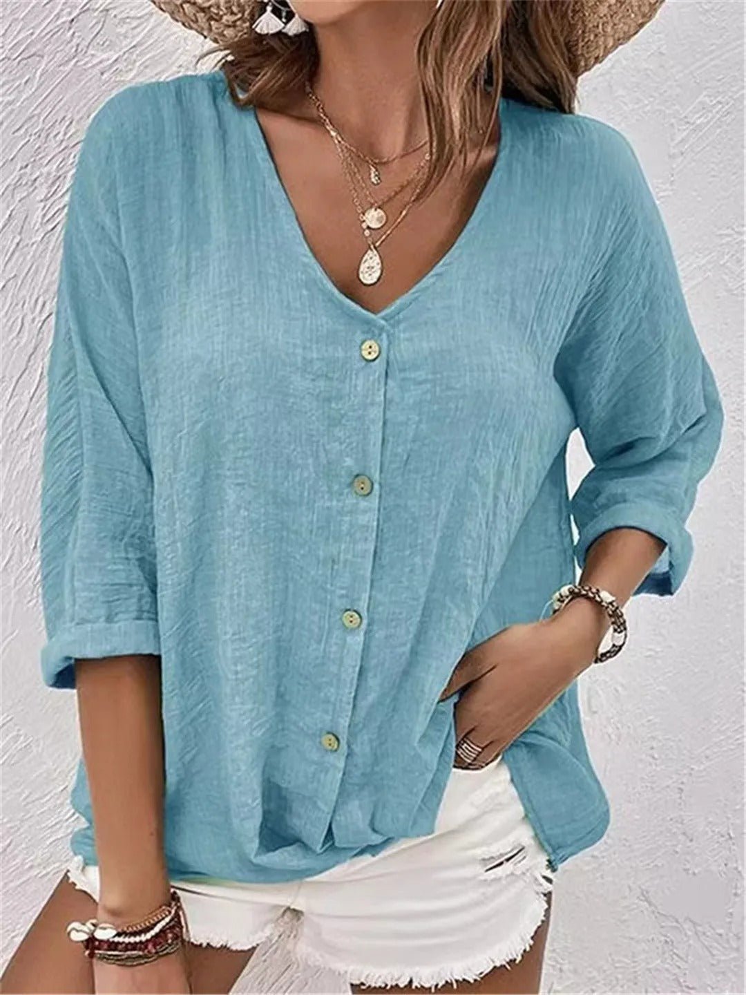 Women's Cotton V-Neck Button-Front Blouse - Three-Quarter Sleeve - Light Blue