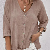 Women's Cotton V-Neck Button-Front Blouse - Three-Quarter Sleeve - Light Brown