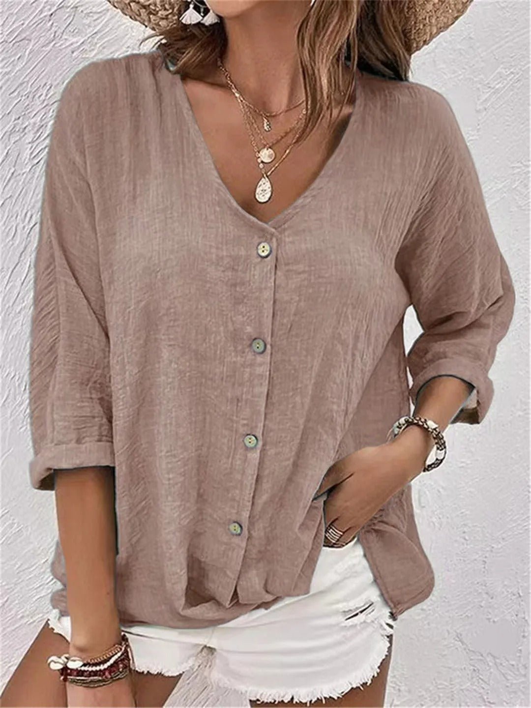 Women's Cotton V-Neck Button-Front Blouse - Three-Quarter Sleeve - Light Brown