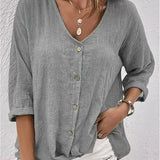 Women's Cotton V-Neck Button-Front Blouse - Three-Quarter Sleeve - Light Gray