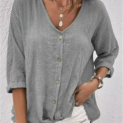 Women's Cotton V-Neck Button-Front Blouse - Three-Quarter Sleeve - Light Gray