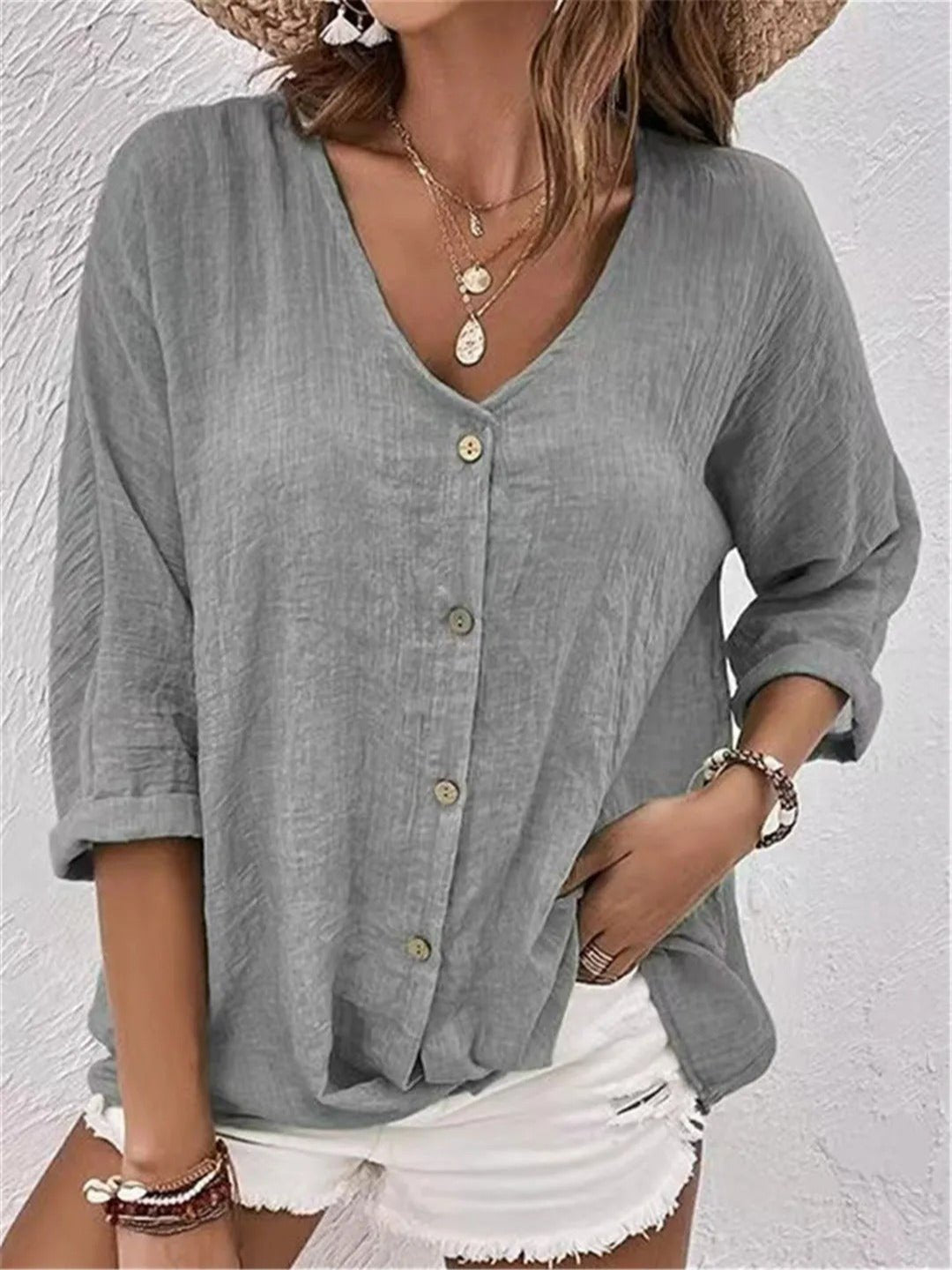 Women's Cotton V-Neck Button-Front Blouse - Three-Quarter Sleeve - Light Gray