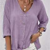 Women's Cotton V-Neck Button-Front Blouse - Three-Quarter Sleeve - Light Purple