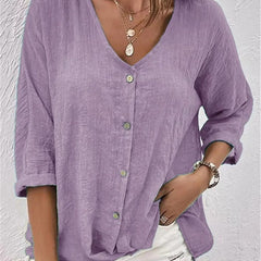 Women's Cotton V-Neck Button-Front Blouse - Three-Quarter Sleeve - Light Purple