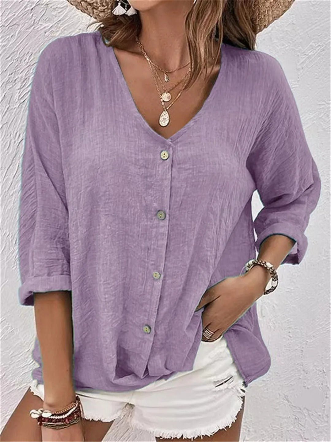 Women's Cotton V-Neck Button-Front Blouse - Three-Quarter Sleeve - Light Purple
