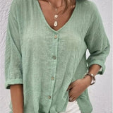 Women's Cotton V-Neck Button-Front Blouse - Three-Quarter Sleeve - Mint Green