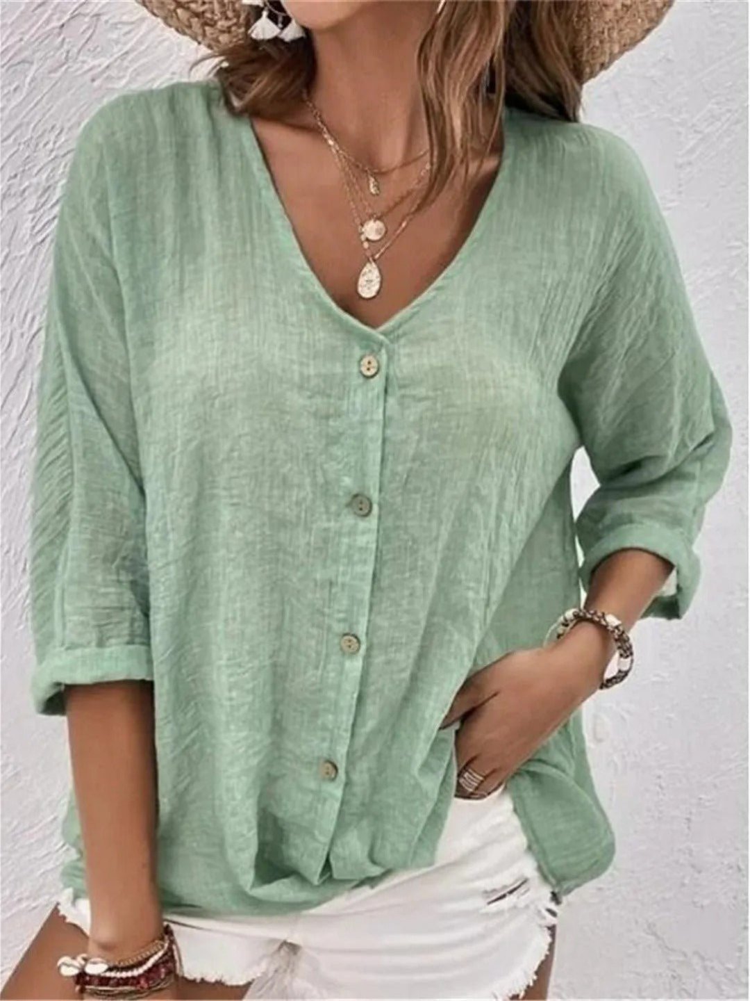 Women's Cotton V-Neck Button-Front Blouse - Three-Quarter Sleeve - Mint Green