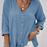 Women's Cotton V-Neck Button-Front Blouse - Three-Quarter Sleeve - Steel Blue