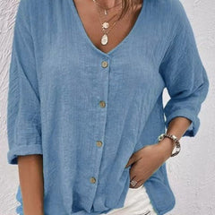 Women's Cotton V-Neck Button-Front Blouse - Three-Quarter Sleeve - Steel Blue