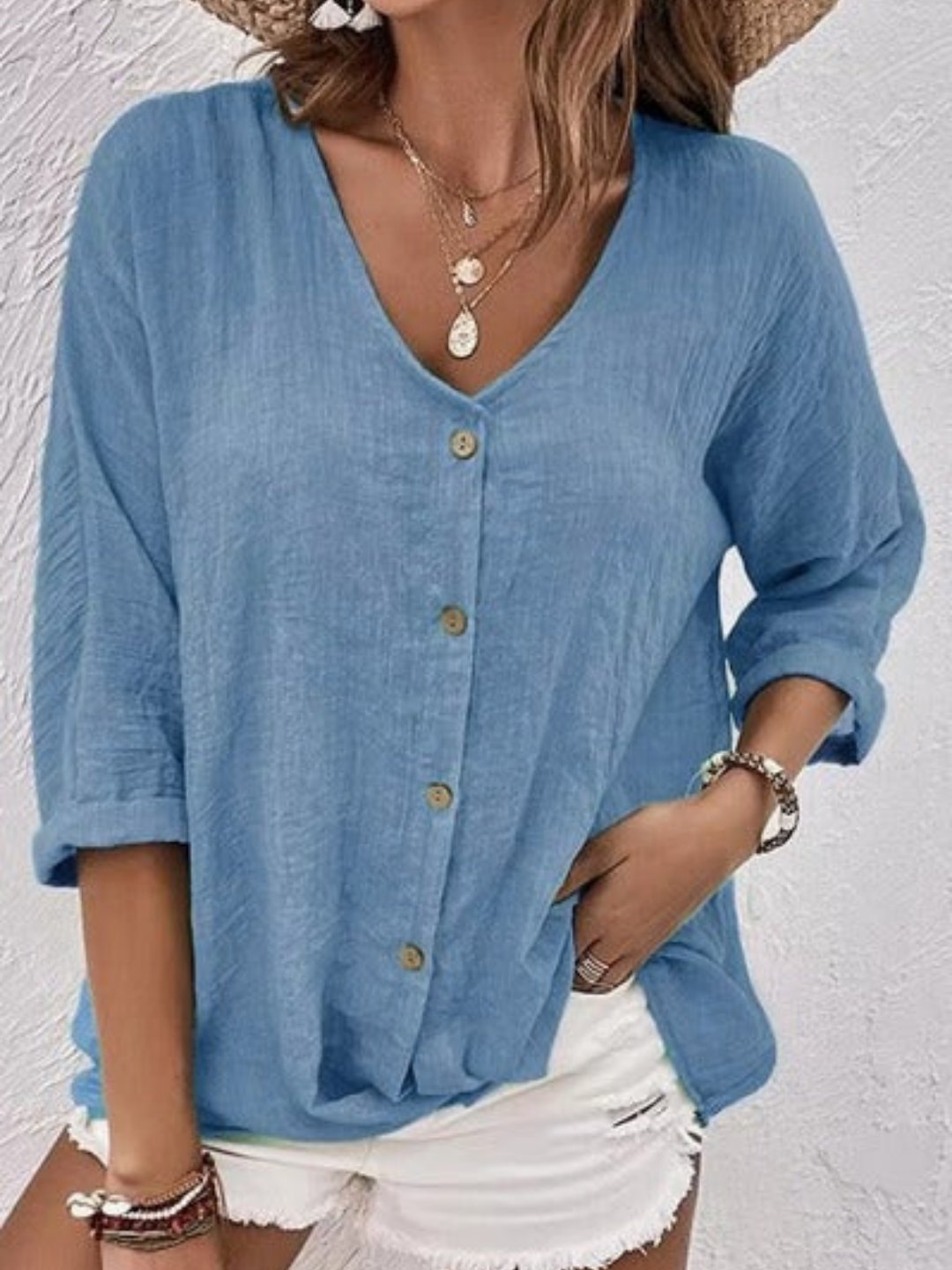 Women's Cotton V-Neck Button-Front Blouse - Three-Quarter Sleeve - Steel Blue