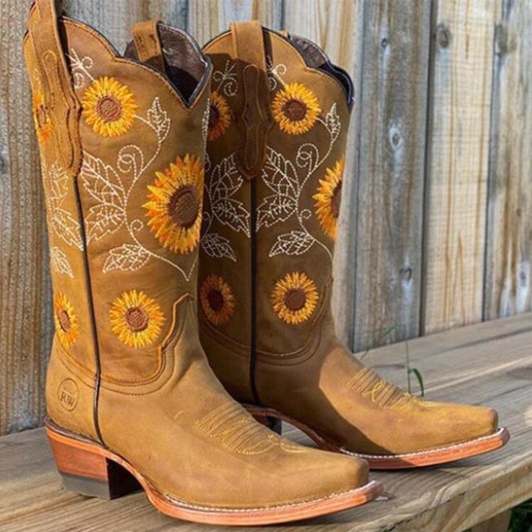 Women's Cowboy Boots | Retro | Slip-On | Embroidered | Fall - Khaki
