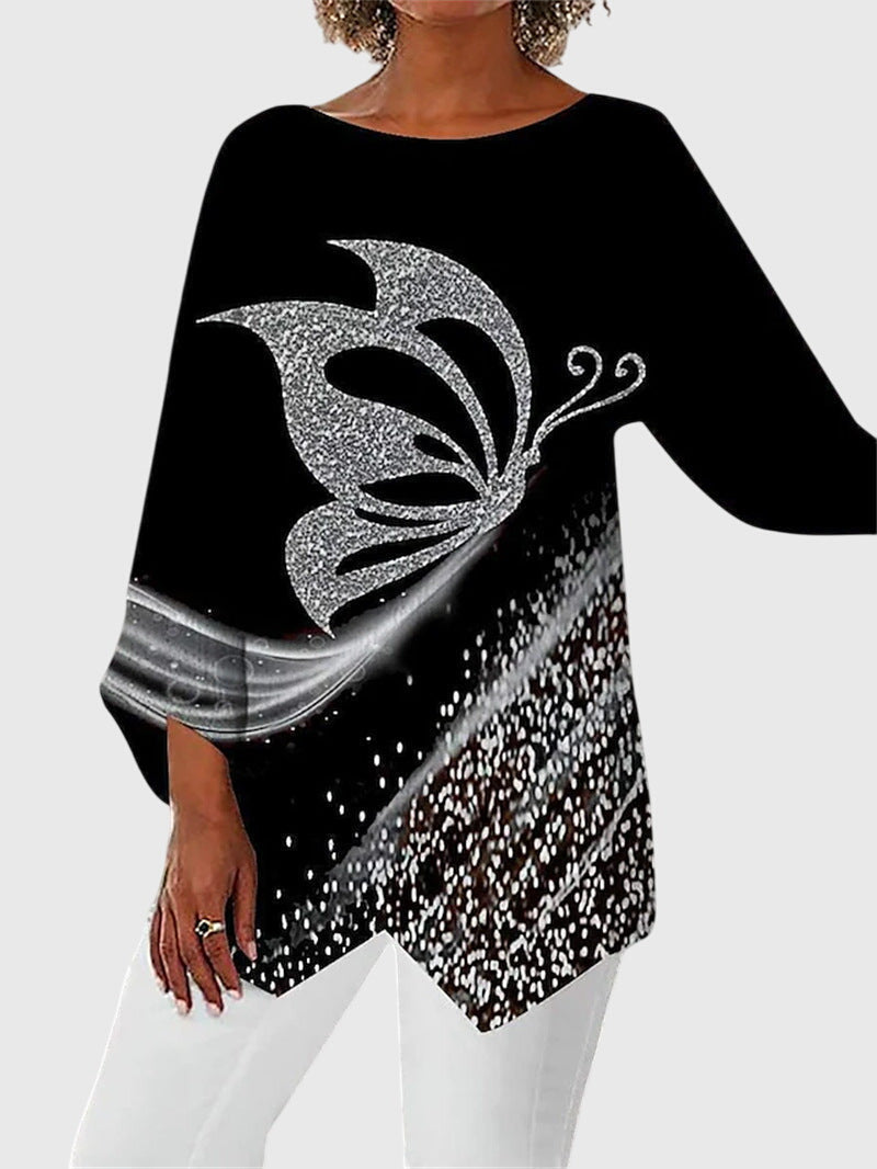 Women's Crew Neck Top - Elegant Printed Design | Autumn - Black
