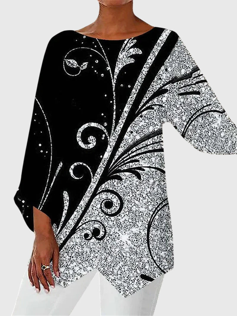Women's Crew Neck Top - Elegant Printed Design | Autumn - Blue