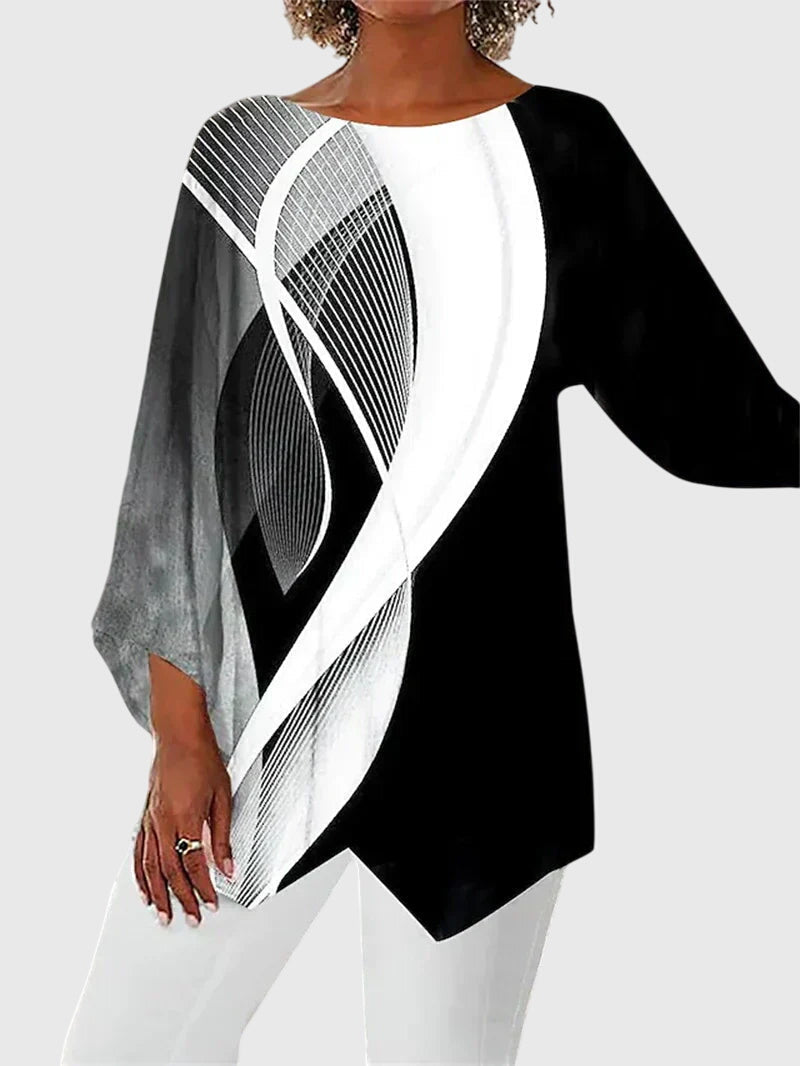 Women's Crew Neck Top - Elegant Printed Design | Autumn - Grey