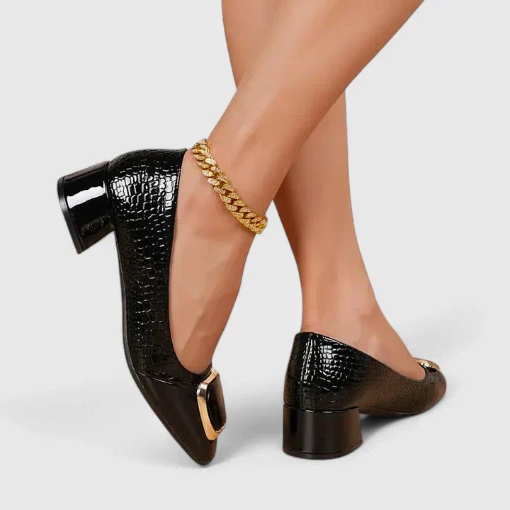 Women's Croc-Embossed Block Heel Loafers - Polished Sophistication - Black
