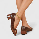 Women's Croc-Embossed Block Heel Loafers - Polished Sophistication - Brown