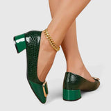 Women's Croc-Embossed Block Heel Loafers - Polished Sophistication - Green