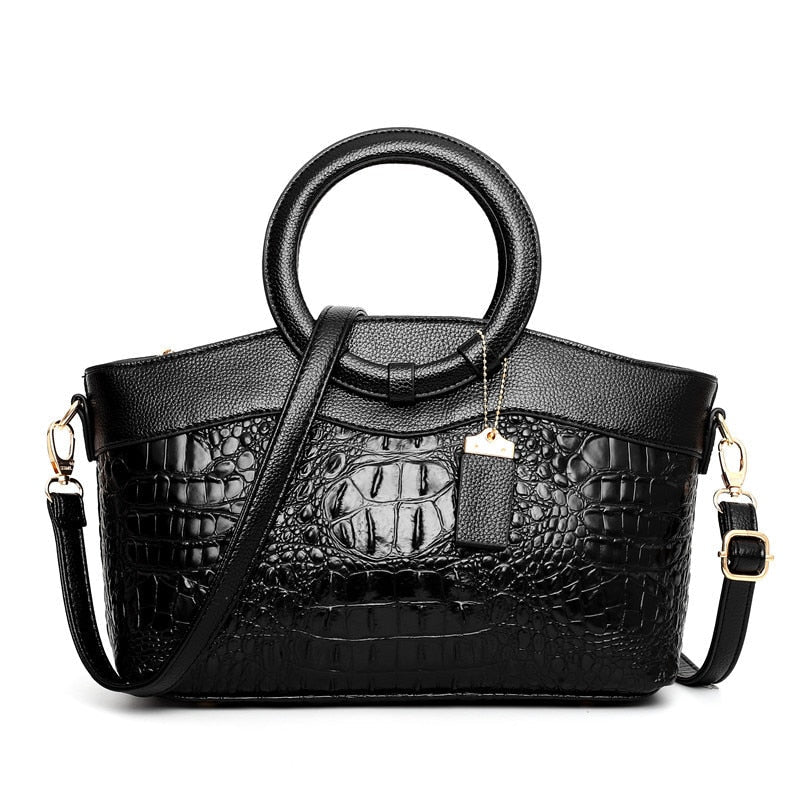 Women's Crocodile-Embossed Handbag | Structured | Winter - Black