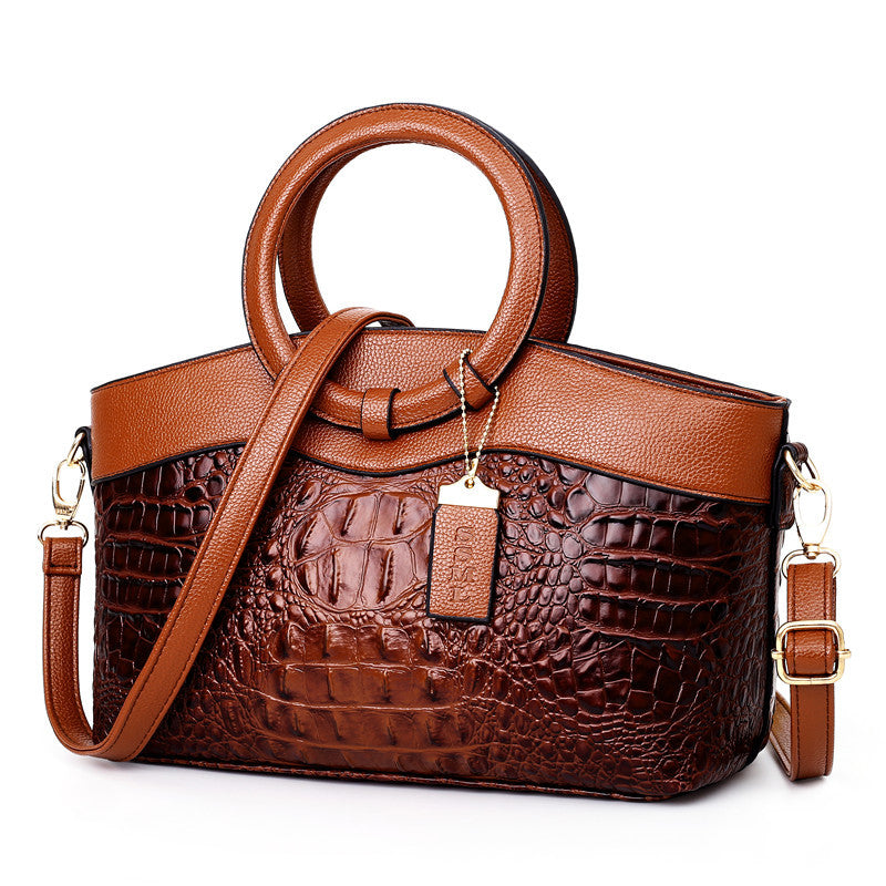 Women's Crocodile-Embossed Handbag | Structured | Winter - Caramel Brown