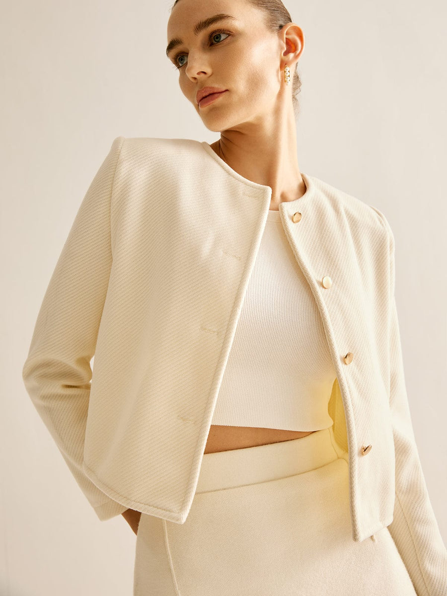 Women's Cropped Blazer with Gold Buttons - Off-White | Spring - Apricot