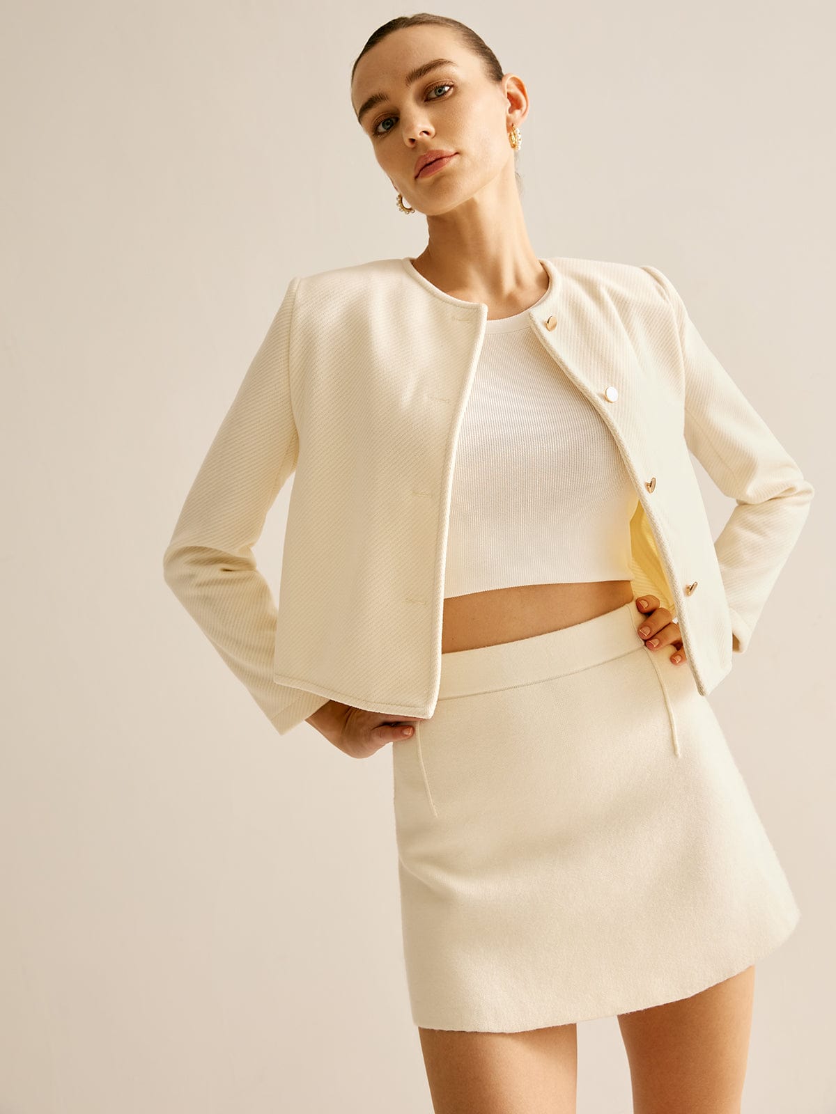 Women's Cropped Blazer with Gold Buttons - Off-White | Spring