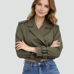 Women's Cropped Double-Breasted Belted Trench Jacket | Spring - Army Green