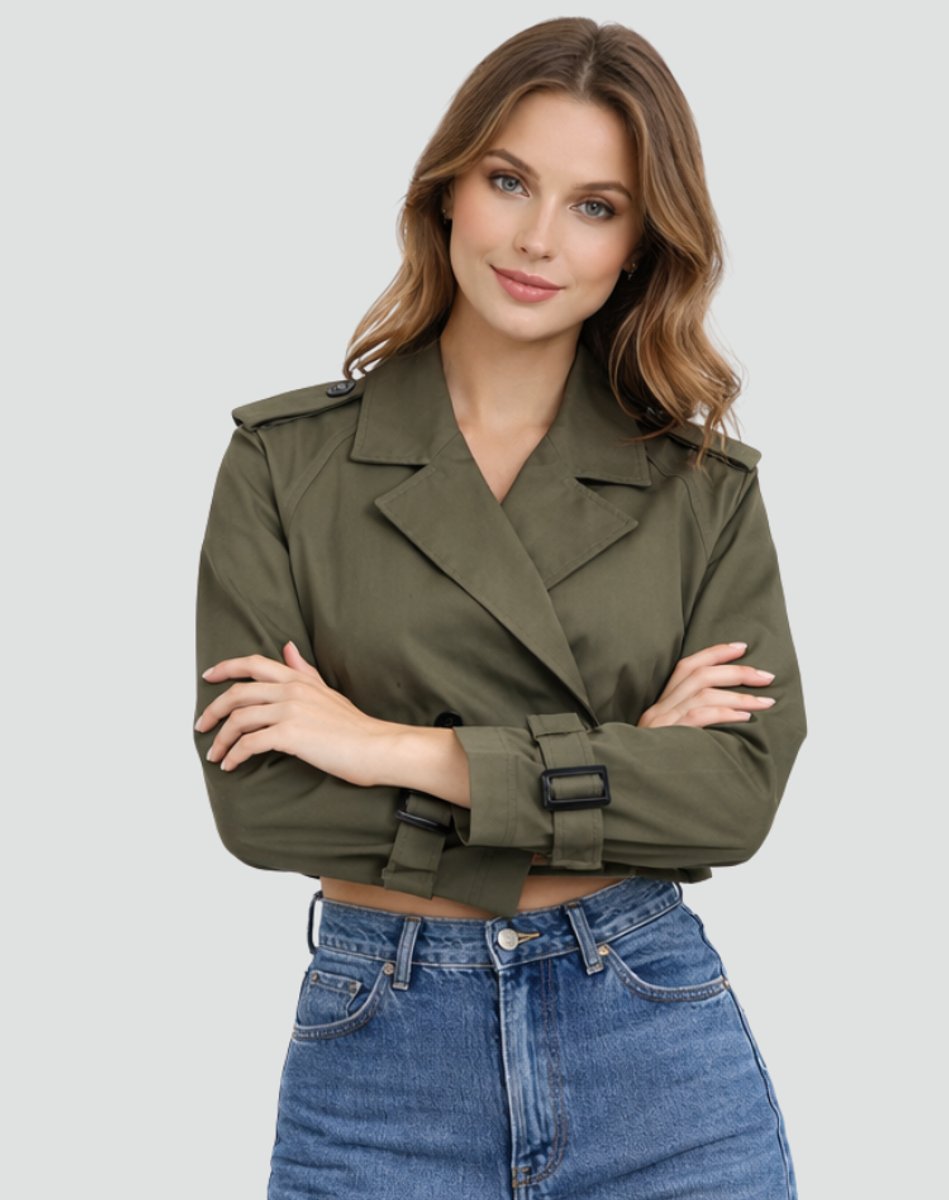 Women's Cropped Double-Breasted Belted Trench Jacket | Spring - Army Green
