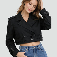 Women's Cropped Double-Breasted Belted Trench Jacket | Spring - Black