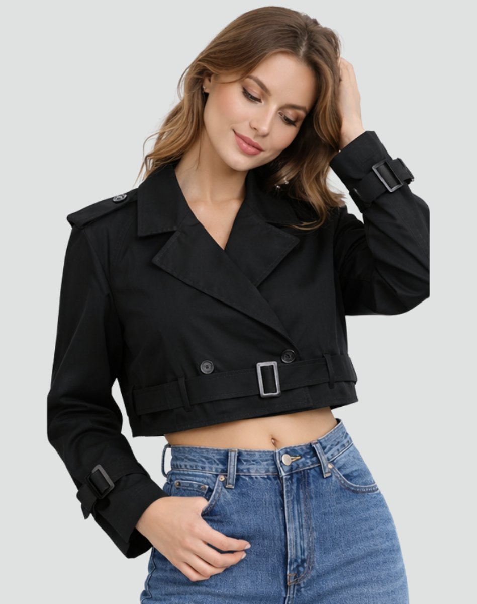 Women's Cropped Double-Breasted Belted Trench Jacket | Spring - Black