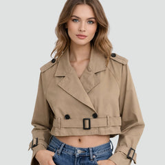 Women's Cropped Double-Breasted Belted Trench Jacket | Spring - Brown