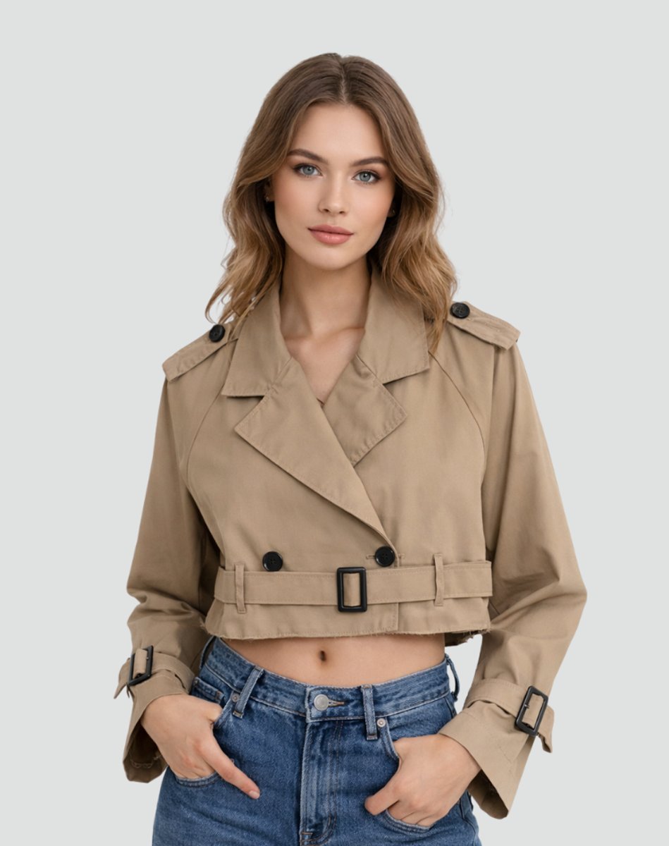 Women's Cropped Double-Breasted Belted Trench Jacket | Spring - Brown