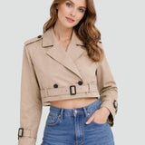 Women's Cropped Double-Breasted Belted Trench Jacket | Spring - Khaki